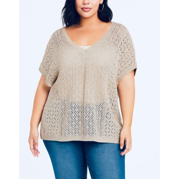 Torrid Oatmeal Beige Crochet V-Neck Short Sleeve Poncho Sweater Size 1X - Picture 1 of 9